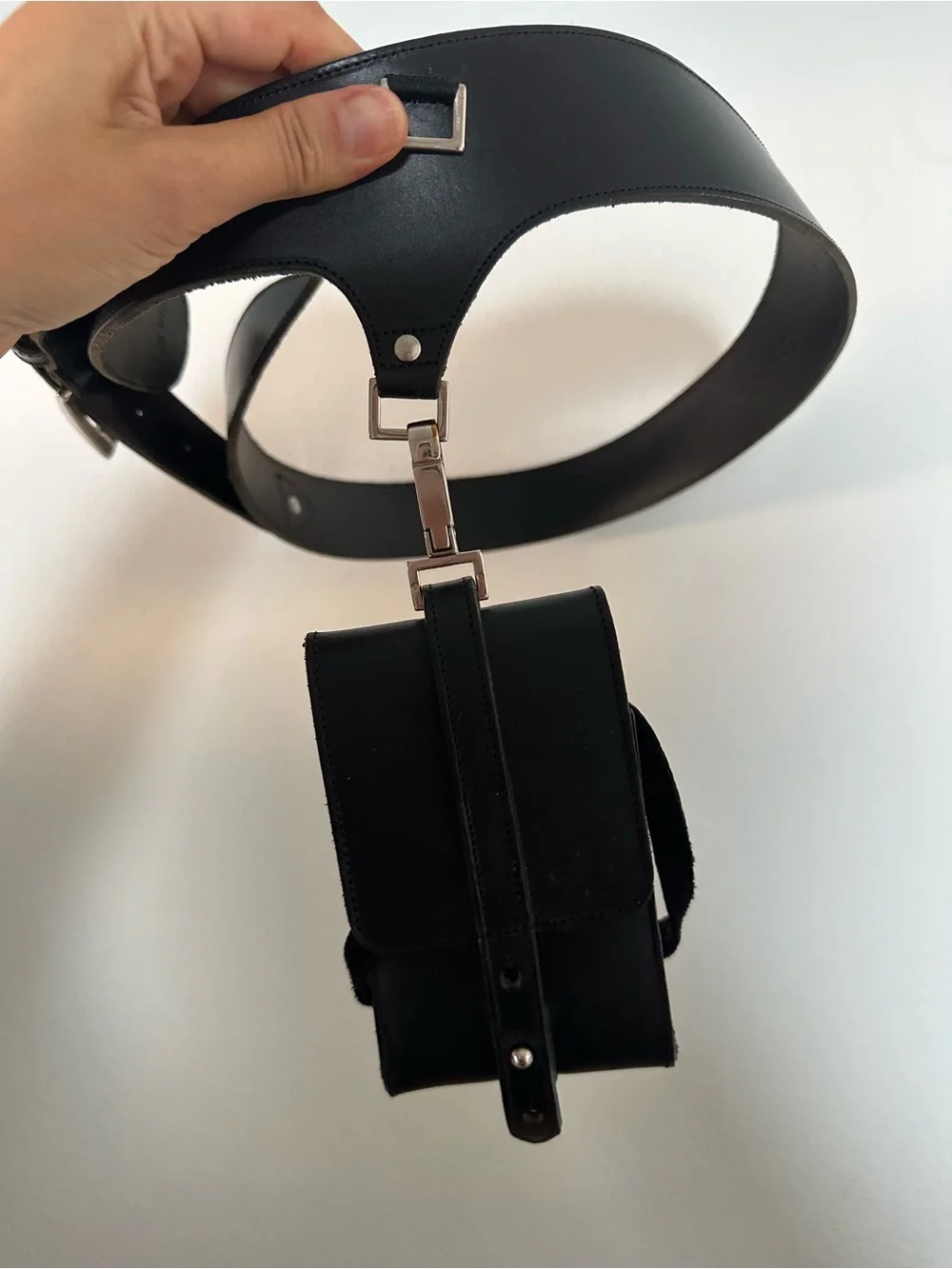 Embrazio Black Leather Wide Belt Removable Pouch Silver Tone Buckle Size S/M